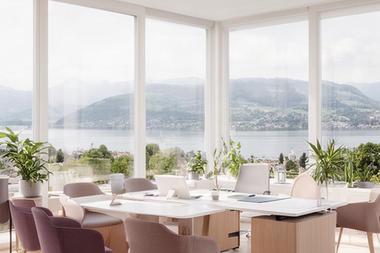 Helles Büro von Sophies Budgetplanung an der Route du Bois-de-Bay in Bernex mit Genfersee im Hintergrund