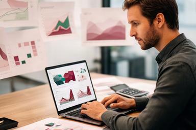 Data-Science-Experte mit Diagrammen und Laptop an einem Arbeitstisch