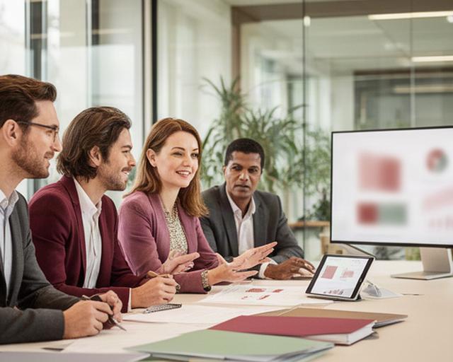Moderne Schweizer Gemeindeverwaltung mit Finanzteam bei der gemeinsamen Budgetplanung
