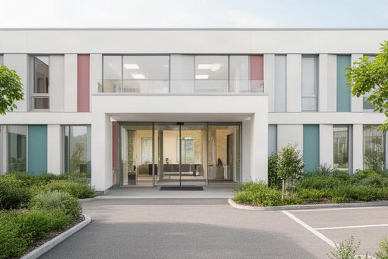 Heller Eingangsbereich eines Bürogebäudes an der Route du Bois-de-Bay in Bernex bei Genf
